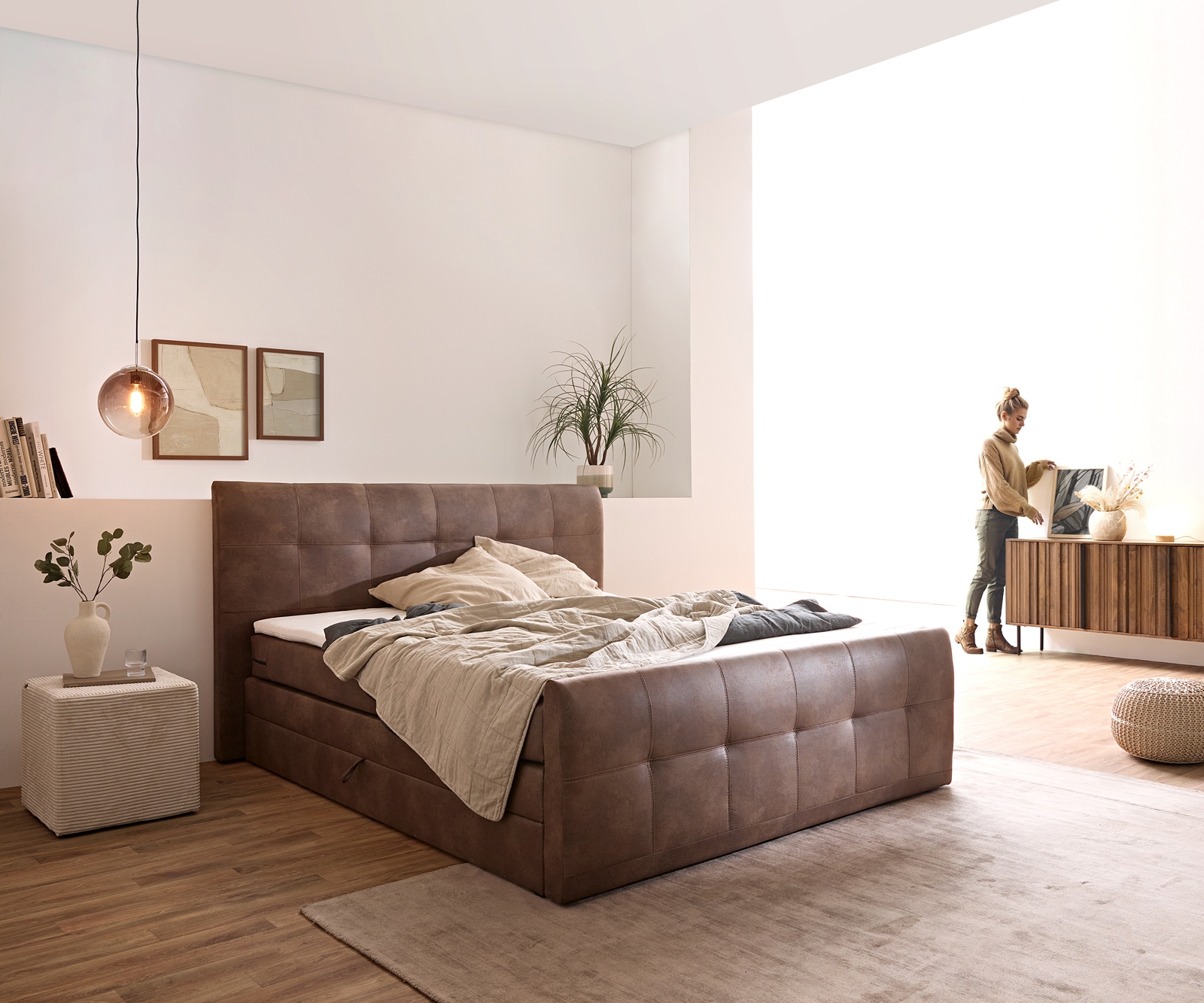 Boxspringbett Amarillo 180x200 cm Braun mit Matratze, Topper und Bettkasten