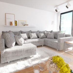 Wohnlandschaft Clovis Hellgrau Strukturstoff mit Armlehne Modulsofa