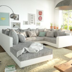 Wohnlandschaft Clovis Weiss Hellgrau modular Hocker Armlehne