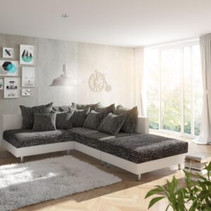 Ecksofa Clovis Weiss Schwarz mit Hocker Ottomane Rechts modular
