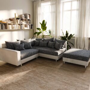 Ecksofa Clovis Weiss Schwarz Hocker Armlehne Ottomane Rechts modular