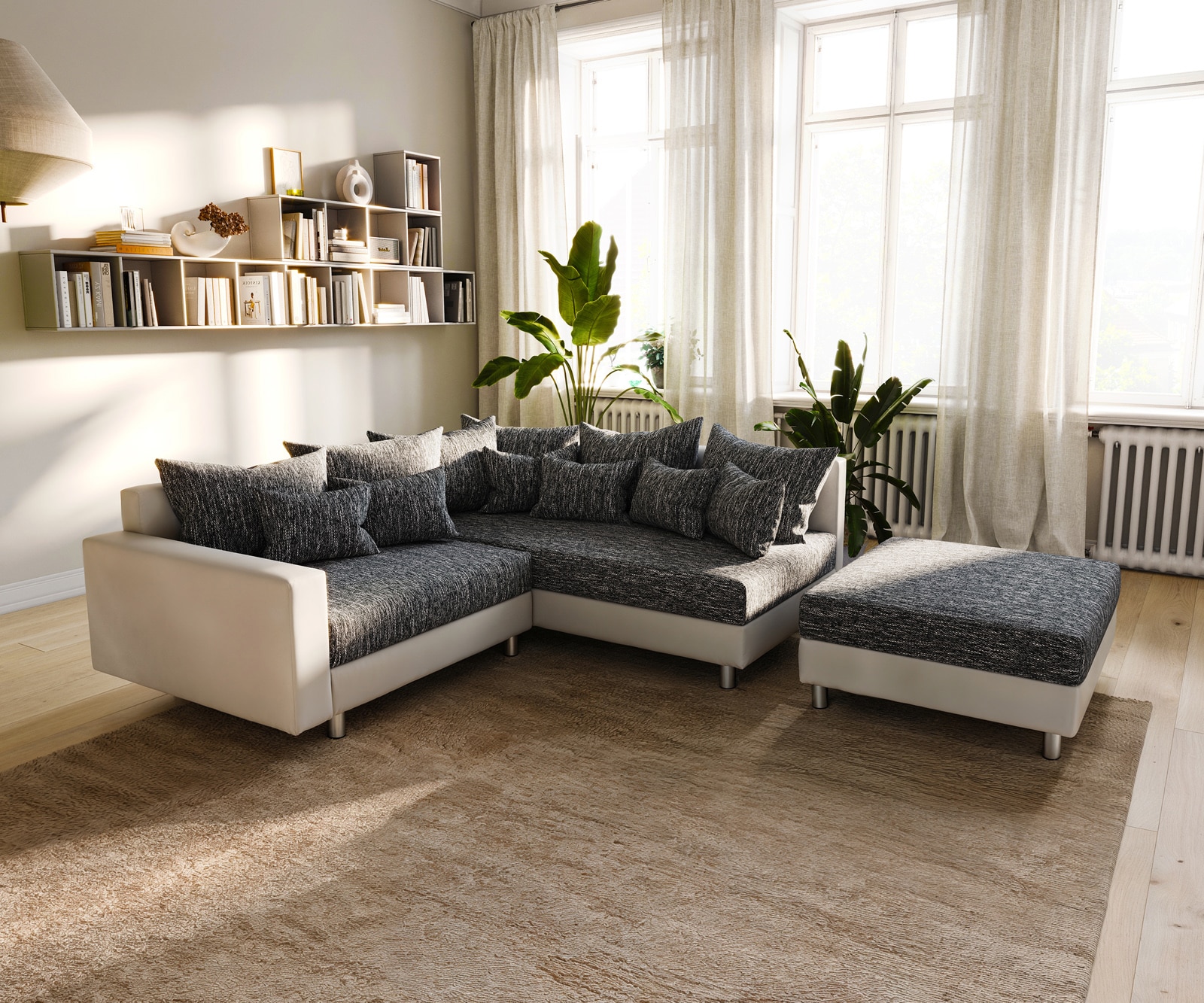 Ecksofa Clovis Weiss Schwarz Hocker Armlehne Ottomane Rechts modular