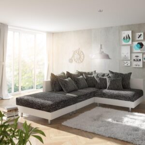 Ecksofa Clovis Weiss Schwarz mit Hocker Ottomane Links