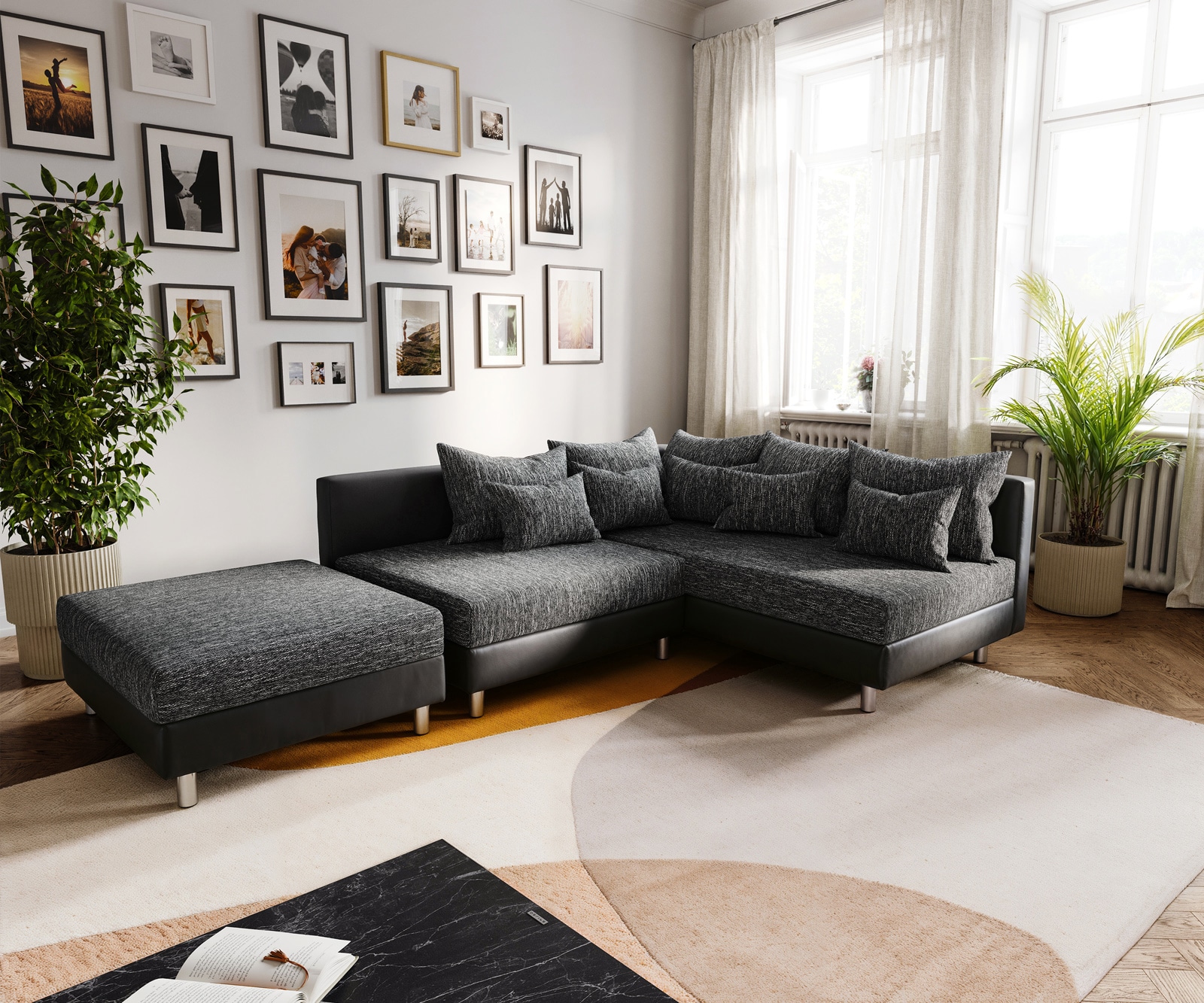 Ecksofa Clovis Schwarz mit Hocker Ottomane Rechts Modular
