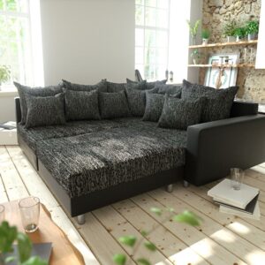Ecksofa Clovis Schwarz modular Hocker Armlehne Ottomane Rechts
