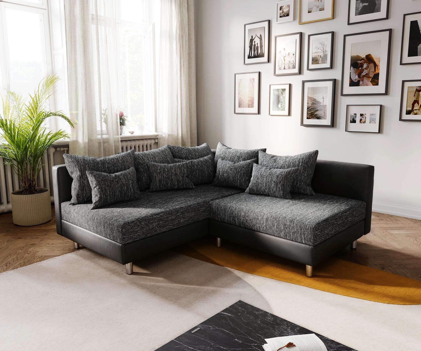 Ecksofa Clovis Schwarz Ottomane Links modular erweiterbar