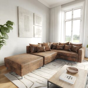 Ecksofa Clovis Braun Antik Optik modular Hocker Armlehne Ottomane Rechts