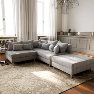 Ecksofa Clovis Hellgrau Strukturstoff Hocker Ottomane Rechts Modulsofa