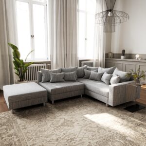 Ecksofa Clovis Hellgrau Strukturstoff Hocker Armlehne Ottomane Rechts Modulsofa
