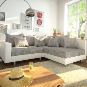 Ecksofa Clovis Weiss Hellgrau modular Armlehne Ottomane Rechts
