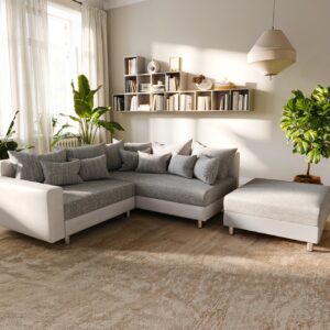 Ecksofa Clovis Weiss Hellgrau modular Hocker Armlehne Ottomane Rechts