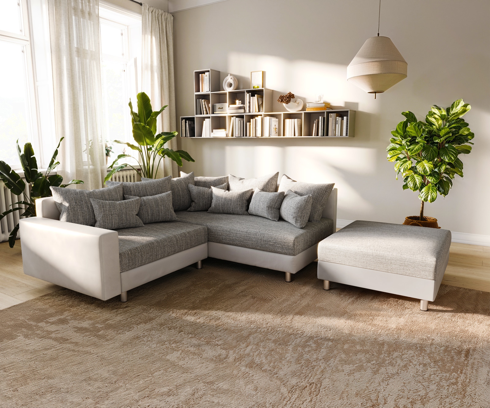 Ecksofa Clovis Weiss Hellgrau modular Hocker Armlehne Ottomane Rechts