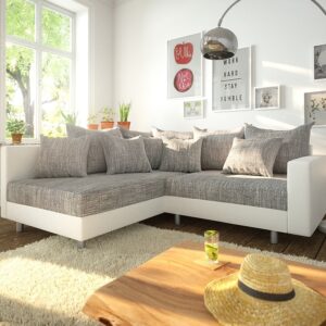 Ecksofa Clovis Weiss Hellgrau Modulsofa Armlehne Ottomane Links