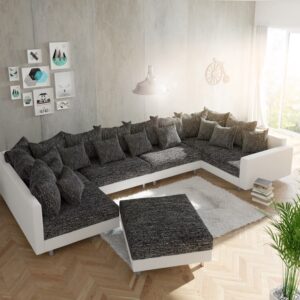 Wohnlandschaft Clovis XL Weiss Schwarz Hocker Armlehne modular