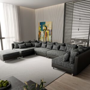 Wohnlandschaft Clovis XL Schwarz Modulsofa mit Hocker