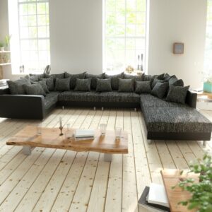 Wohnlandschaft Clovis XL Schwarz Hocker Armlehne Modulsofa