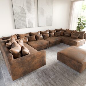 Wohnlandschaft Clovis XL modular Braun Antik Optik Hocker Armlehne