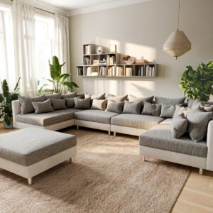 Wohnlandschaft Clovis XL Weiss Hellgrau Modulsofa Hocker