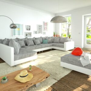 Wohnlandschaft Clovis XL Weiss Hellgrau Hocker Armlehne modular