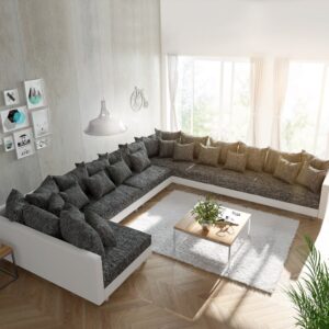 Wohnlandschaft Clovis XXL Weiss Schwarz Ottomane Rechts