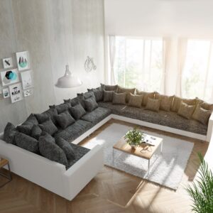 Wohnlandschaft Clovis XXL Weiss Schwarz mit Armlehne Ottomane Rechts