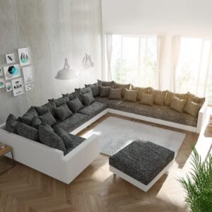 Wohnlandschaft Clovis XXL Weiss Schwarz mit Hocker und Armlehne Ottomane Rechts