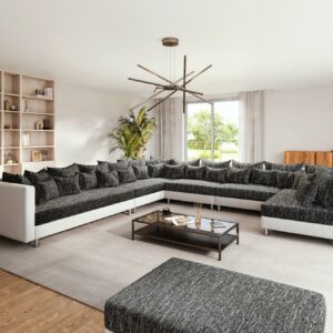 Wohnlandschaft Clovis XXL Weiss Schwarz mit Hocker Ottomane Links
