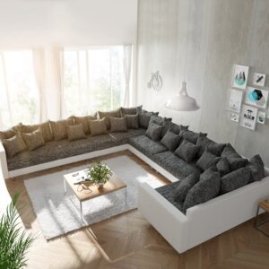 Wohnlandschaft Clovis XXL Weiss Schwarz mit Armlehne Ottomane Links