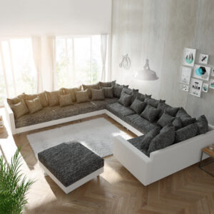 Wohnlandschaft Clovis XXL Weiss Schwarz mit Hocker und Armlehne Ottomane Links
