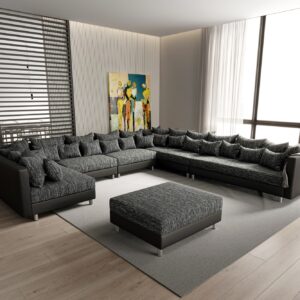 Wohnlandschaft Clovis XXL Schwarz Modular Hocker Ottomane Rechts