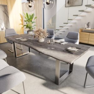 Esstisch Edge 260x100 Akazie Platin Edelstahl Schmal Live-Edge