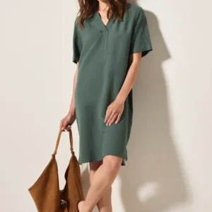 Split Neck Leinenmix Kleid