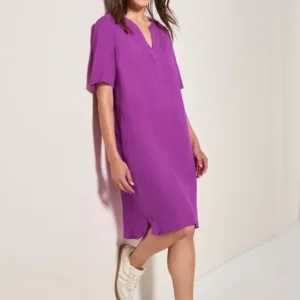 Split Neck Leinenmix Kleid