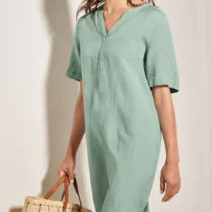 Split Neck Leinenmix Kleid