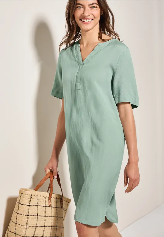 Split Neck Leinenmix Kleid