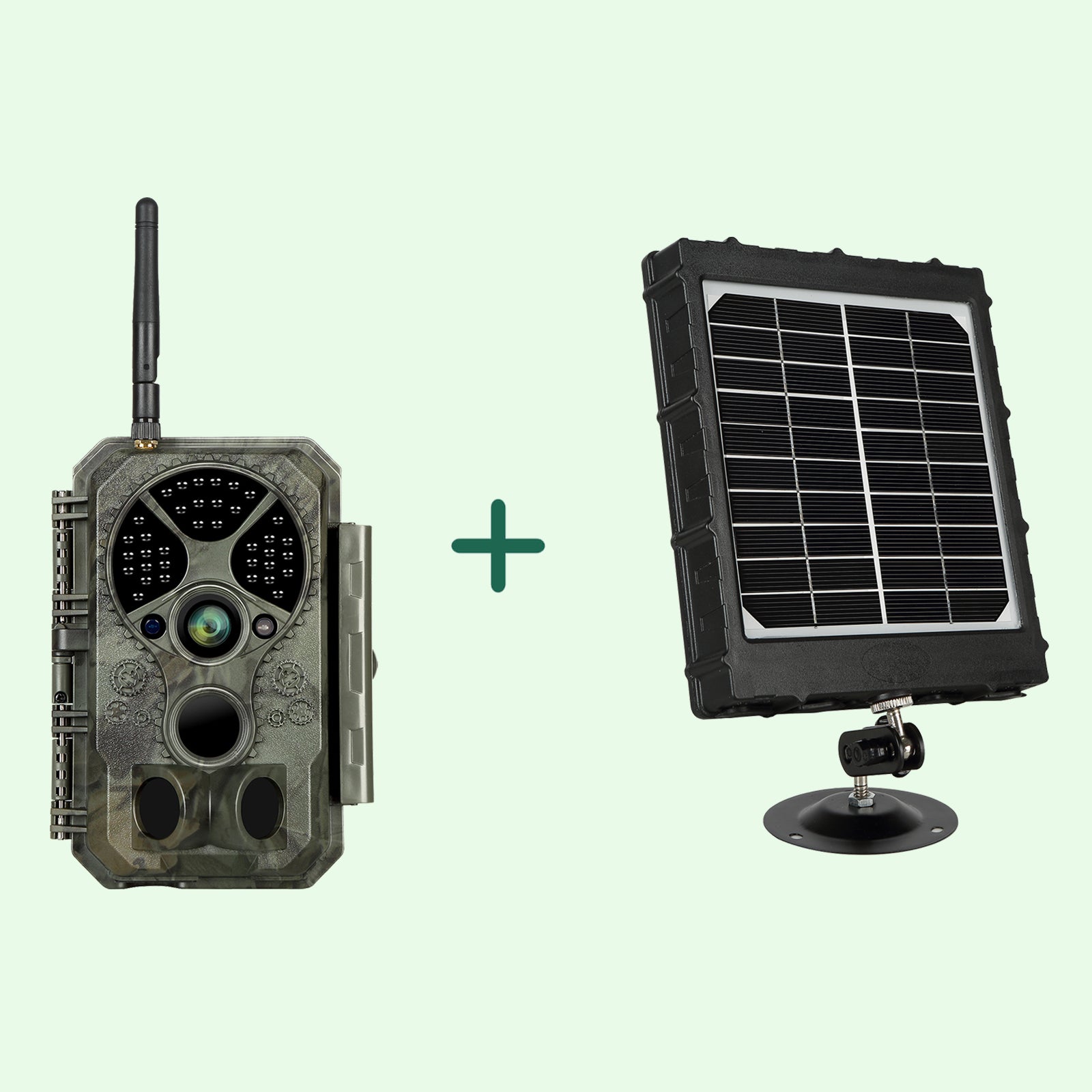 Bundle Wildkamera Wildtierkamera Jagdkamera Wlan 64MP 1296P 0,1s Auslöserzeit Bewegungsmelder 120°PIR und Solarpanel-Kits 8000mAh 12V/9V/6V | A350W Grün