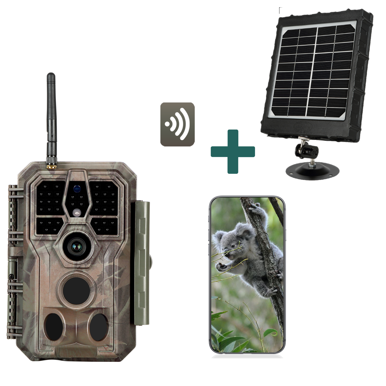 Bundle Wildkamera Wildtierkamera Jagdkamera Wlan 64MP 1296P 0,1s Auslöserzeit Bewegungsmelder 120°PIR und Solarpanel-Kits 8000mAh 12V/9V/6V | A280W Braun