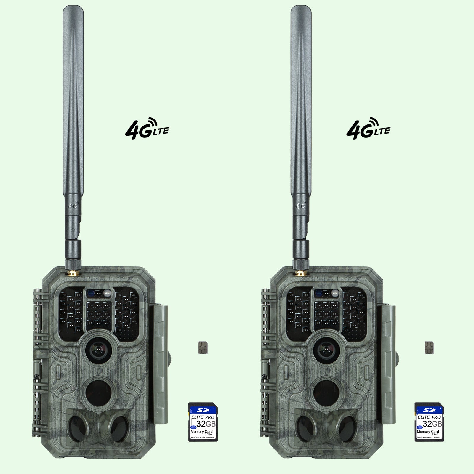 2-tlg. 4G LTE Wildkamera Fotofalle Wildtierkamera mit SIM-Karte 120° Bewegungserkennung 48MP 1296P Nachtsicht IP66 wasserdicht und 32GB SD Karte A390G Green