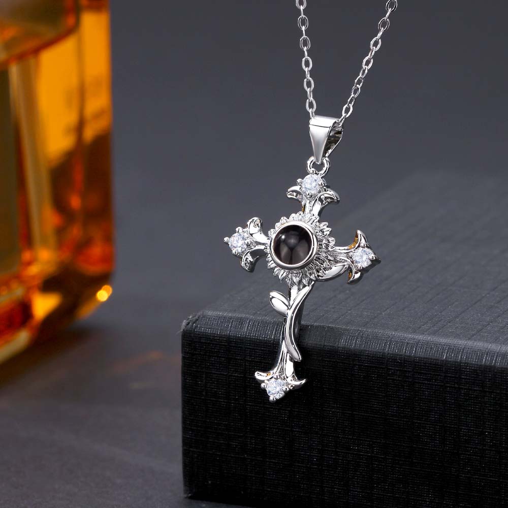 Foto Projektion Halskette mit Bild im Stein - Sonnenblume Kreuz