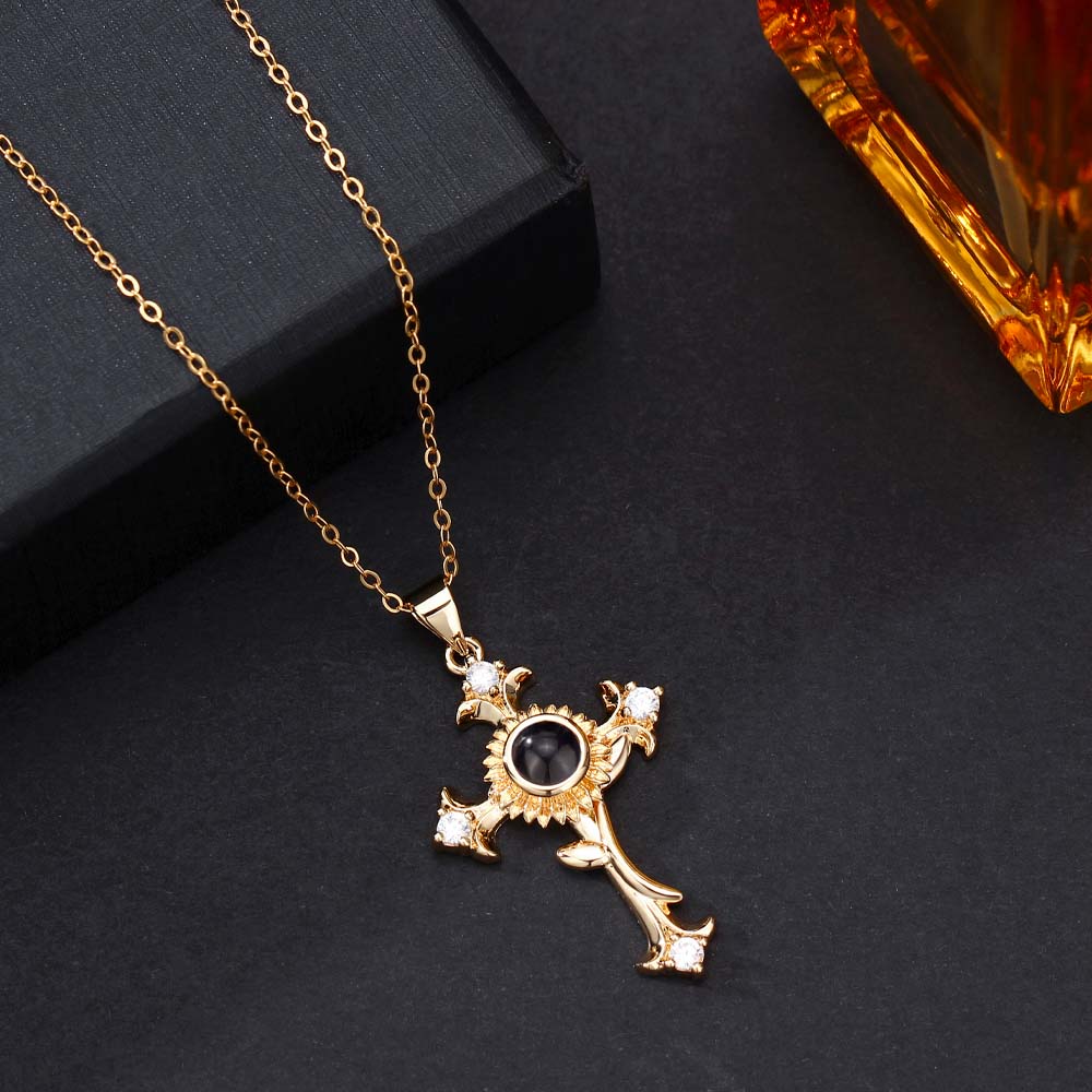 Foto Projektion Halskette mit Bild im Stein - Sonnenblume Kreuz